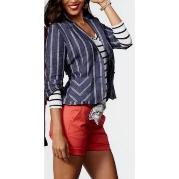 CAbi Blazer Singel Breasted‎ Work Office Blue White Linen Nautical Blazer Size 4 - Picture 1 of 12